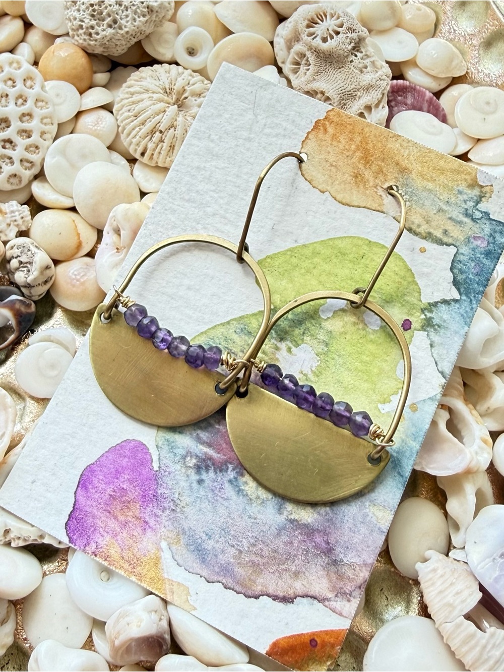 Handmade Brass Hoop Earrings with Purple Beads